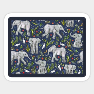 Baby Elephants and Egrets in Watercolor - navy blue Sticker